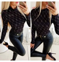 Spot Autumn and Winter New European and American Women's Wear Cross border Amazon Popular Fit Slim Print T-shirt Top OM9220