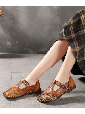 Genuine Leather Brown Flat Shoes Embossed Flats