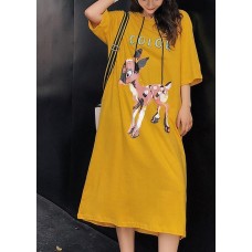 Unique yellow print cotton quilting dresses Indian Shape o neck Half sleeve Kaftan Summer Dress