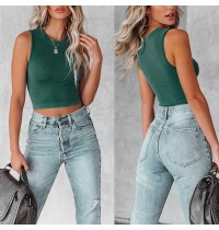 Cross border 2022 Summer New Amazon Europe America Fashion Solid Round Neck Sleeveless Women's Shirt OM9910