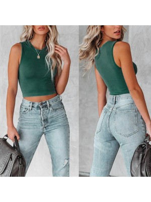 Cross border 2022 Summer New Amazon Europe America Fashion Solid Round Neck Sleeveless Women's Shirt OM9910