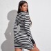 European and American foreign trade women's sexy slim dress Simple long sleeve round neck slim black and white strip dress Summer