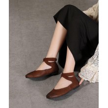 Chic Chocolate Buckle Strap Ballet Flats Shoes Cowhide Leather