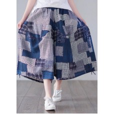 Bohemian Blue Plaid Cinched Summer Cotton Linen Pants