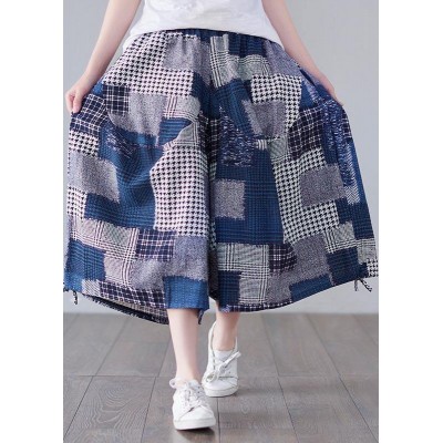 Bohemian Blue Plaid Cinched Summer Cotton Linen Pants